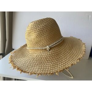 Frye and Co. Women's Straw Sun Hat Fringed Brim Braided Rope Strap Paper Straw